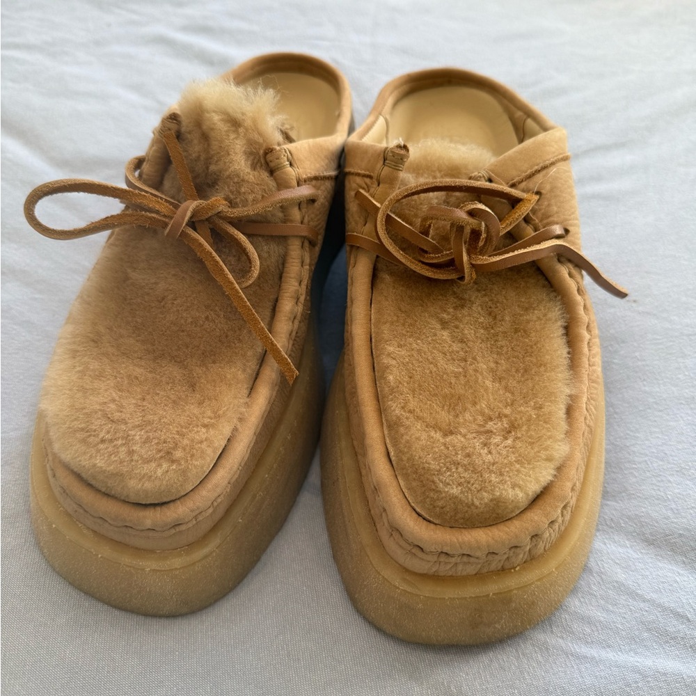 Zara x Clark’s Tan Suede Shearling Platform Loafers